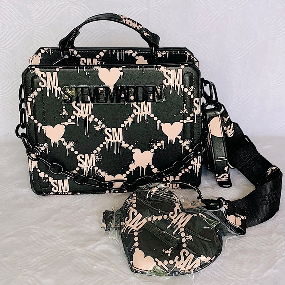 Steve Madden Bevelyn Bleeding Hearts Satchel / Crossbody Bag - Black/Pink - Picture 1 of 10